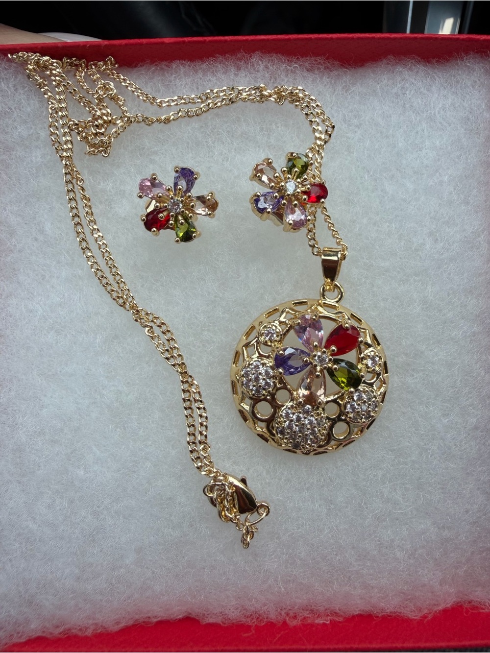 Gold Multi-Color Flower Necklace and Earrings Set 14k gold filled & bond brass